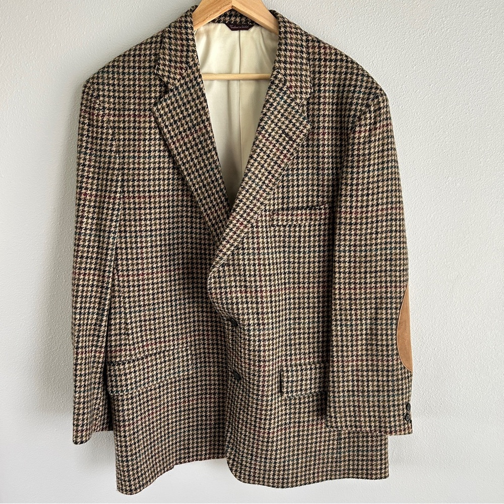 Vintage Norm Thompson Men's Houndstooth Wool Blazer Jacket Elbow Patches 46L